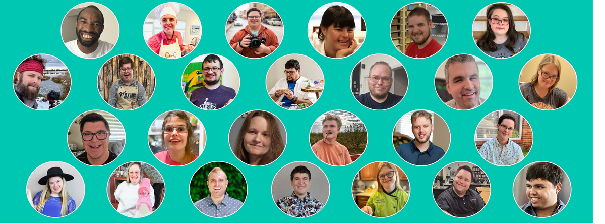 A collage of 25 circular profile photos of people arranged in rows on a bright teal background.